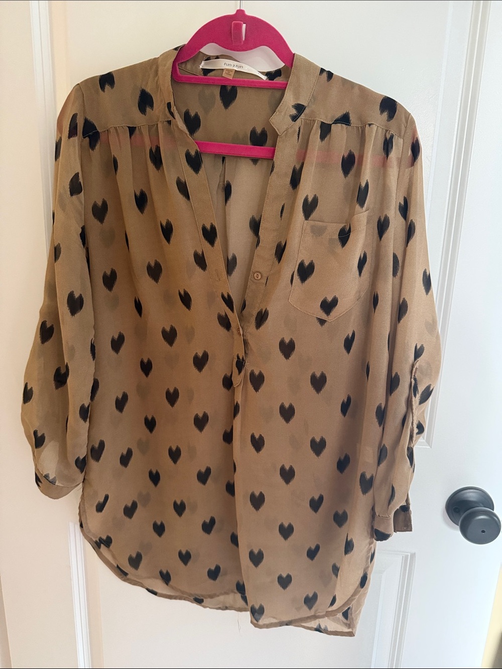 Tan Blouse with Black Heart Print